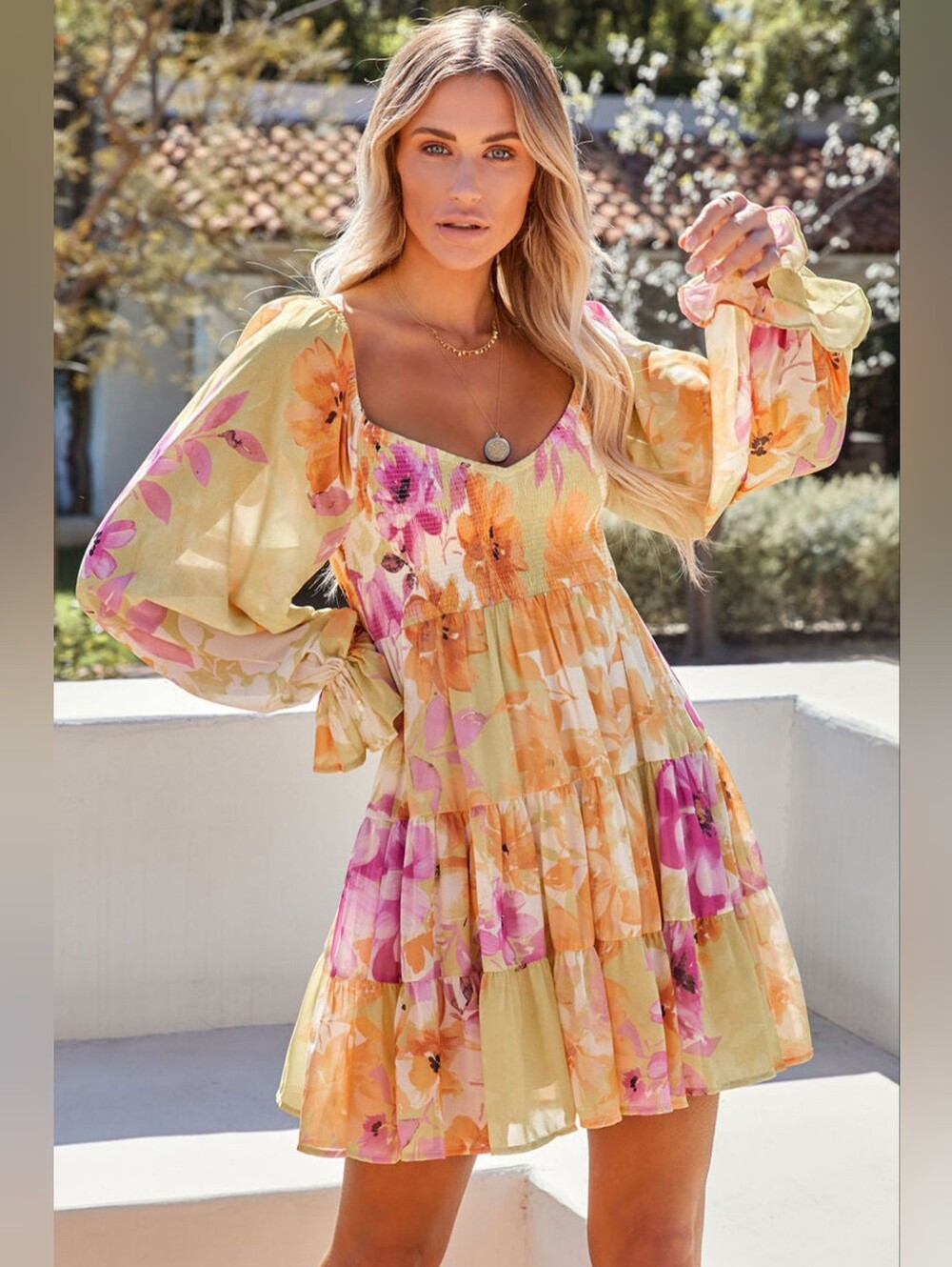 LAST ONE! Square Neck Yellow Floral Mini Dress With Flutter Sleeves NWT